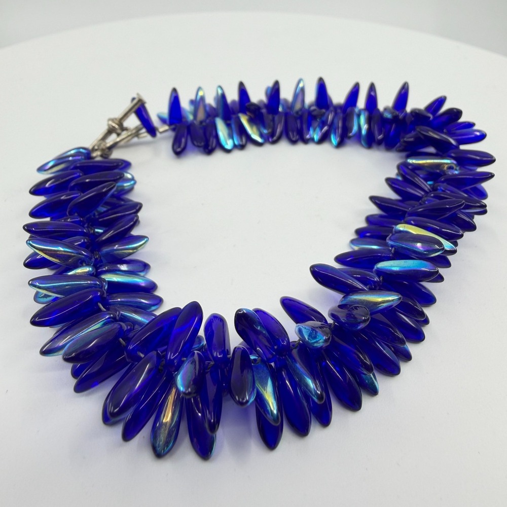 Y2K Electric Blue Iridescent Glass Leaf Statement Bracelet - Boho Jewelry